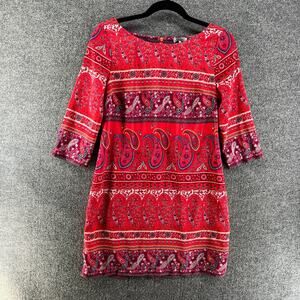 Old Navy Dress Womens XS Red Relaxed Fit Aztec Floral Boho 3/4 Sleeve Pullover